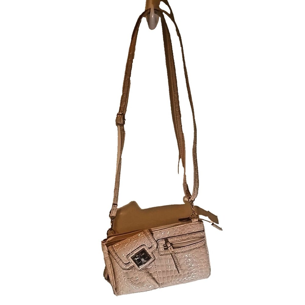 Cream Patent Crossbody Bag Small Minimalist Multi Pocket Shoulder Purse Neutral - Picture 5 of 5
